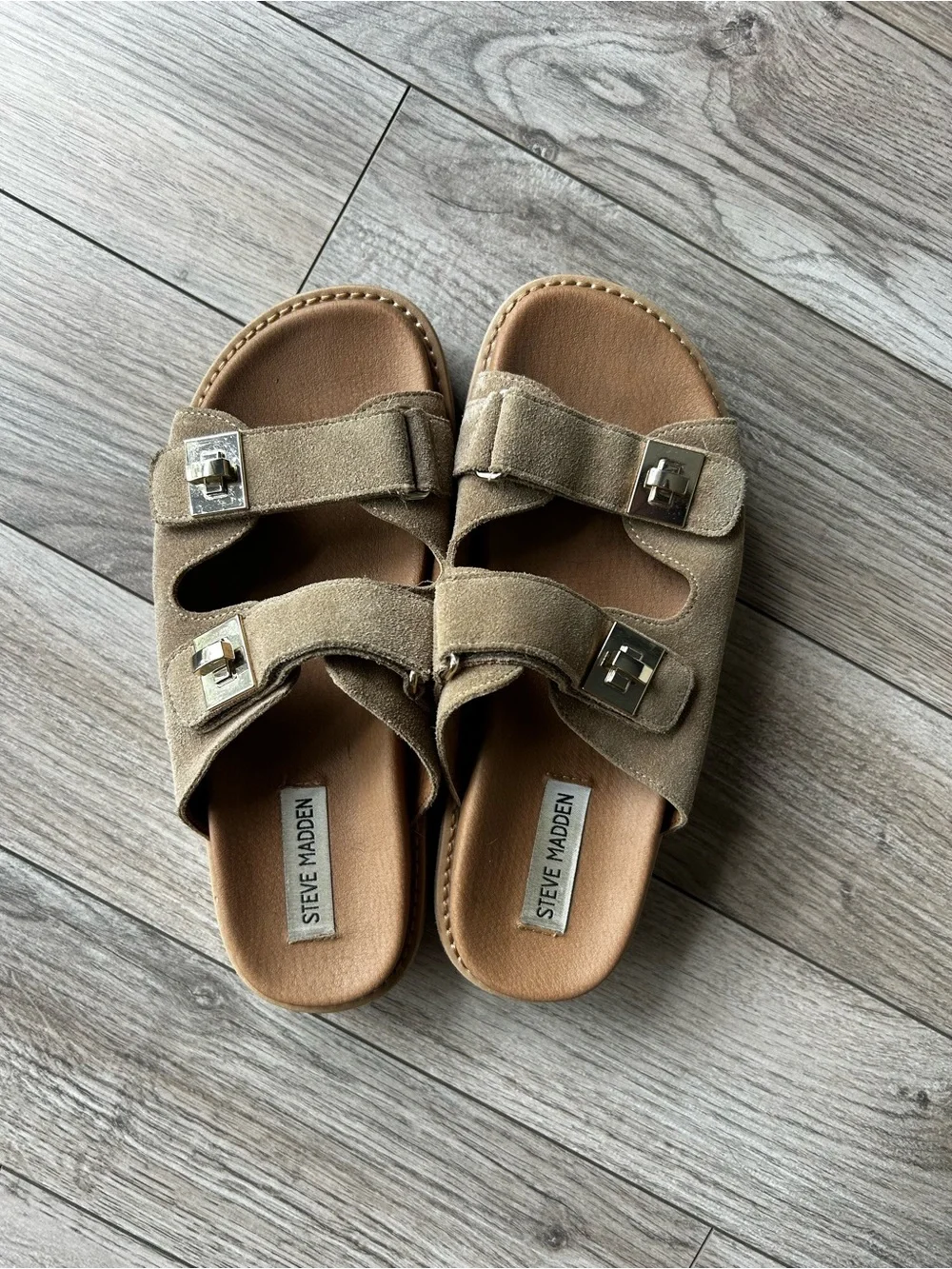 Steve Madden Taupe/Brown Double-Buckle Slide Sandals